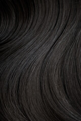 Brunette or black hair. Female long dark hair in black. Beautifully laid curls. Closeup texture in a dark key. Hairdressing, hair care and coloring. Shading gray hair. Background with copy space.