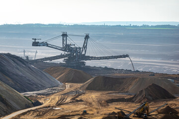 View of the lignite excavator in the Garzweiler opencast mine from the public visitor platform