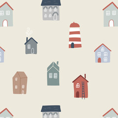 Fototapeta premium Vector seamless pattern with small houses and ligthhouse in scandinavian style. For kids, nursery textile, fabric, paper design. Vector flat illustration