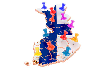 Map of Finland with colored push pins, 3D rendering