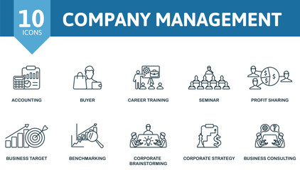 Company Management icon set. Monochrome simple Company Management icon collection. Accounting, Buyer, Career Training, Seminar, Profit Sharing, Business Target, Benchmarking, Corporate Brainstorming
