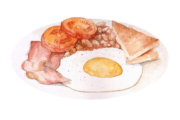 Breakfast dish, toast, bacon, tomato, beans, and fried egg, watercolor isolated on white or transparent background