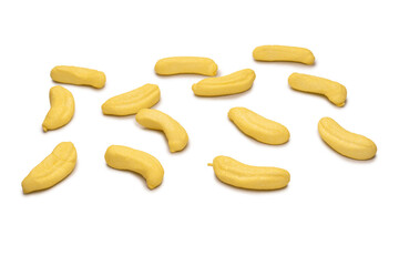 Banana marshmallow candy isolated on a white background.