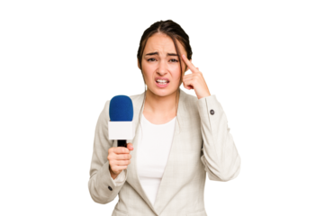 Young TV presenter caucasian woman isolated on green chroma background showing a disappointment gesture with forefinger.