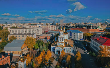 Fototapeta premium Church of the Tikhvin Icon of the Mother of God in the center of Kazan Top view, panorama cityscape
