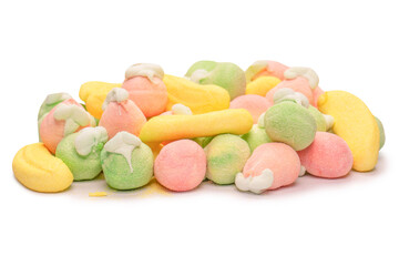 Mix of jelly colorful candys and marshmallows isolated on  white background.