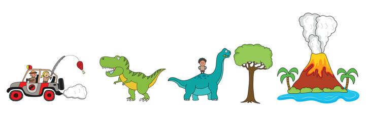 set of isolated cute children playing with dinosaurs. A volcanoes with T-Rex chasing a jeep car and Brachiosaurus eating leaves vector illustration © wordspotrayal