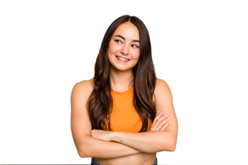 Young caucasian woman isolated on green chroma background smiling confident with crossed arms.