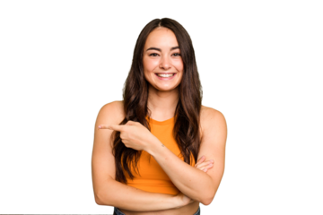 Young caucasian woman isolated on green chroma background smiling cheerfully pointing with forefinger away.
