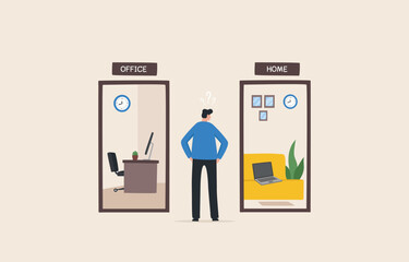 differences between working from home vs office. work four days a week. Employees are choosing to work at home or in the office. - obrazy, fototapety, plakaty