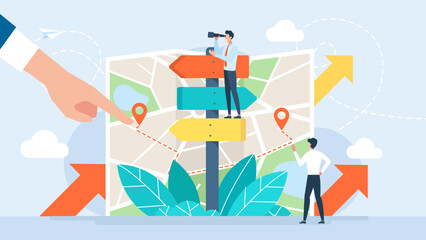 Direction sign post with arrow set on the background of the map. Choice signpost to choose road or street, blank signboard. Tiny people are looking for a way. Sign board. Flat vector illustration © Yurii