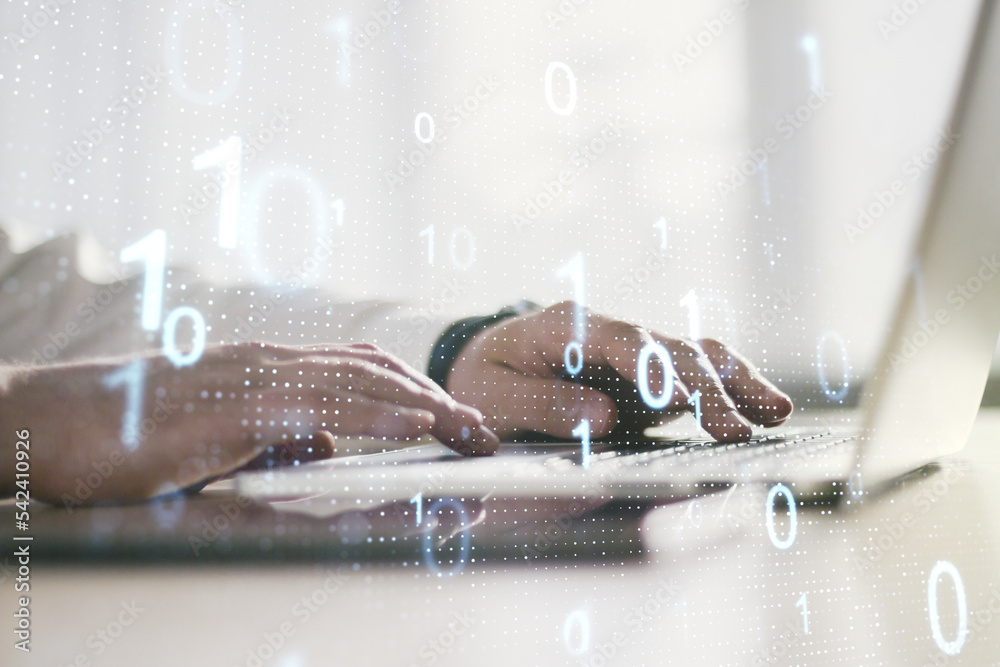 Aufkleber creative abstract binary code sketch and hands typing on computer keyboard on background, hacking an