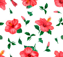 Tropical floral foliage hibiscus, leaves and budsflower seamless pattern background. Exotic jungle wallpaper. Hand drawn watercolor on white background. Perfect for invitation, greeting cards