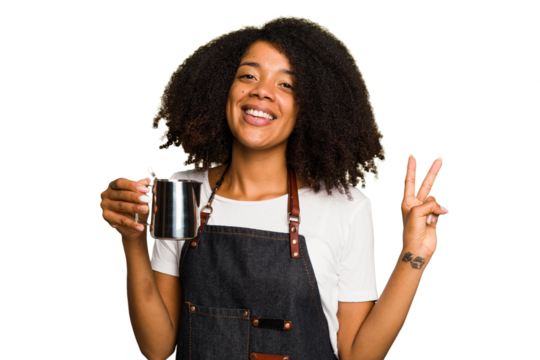 Young African American woman barista isolated showing number two with fingers.