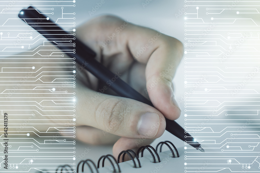 Poster creative abstract micro chip hologram and man hand writing in diary on background, artificial intell