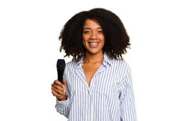 Young African American singer woman holding a microphone isolated happy, smiling and cheerful.