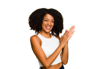 Young African American woman isolated feeling energetic and comfortable, rubbing hands confident.