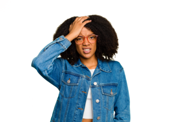 Young African American woman isolated forgetting something, slapping forehead with palm and closing eyes.