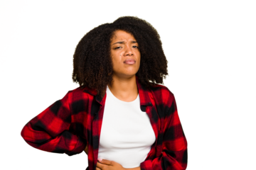 Young African American woman isolated having a liver pain, stomach ache.