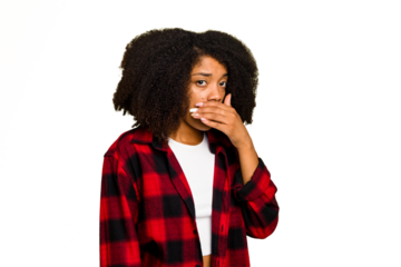 Young African American woman isolated covering mouth with hands looking worried.