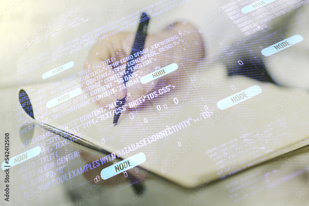 Poster multi exposure of abstract software development hologram with world map and man hand writing in note