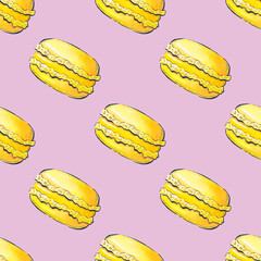 Macaroons, French cookies on a pink background. Watercolor pattern. Colored background with sweets.