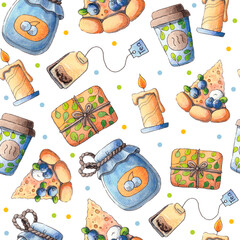 Watercolor seamless background with autumn accessories: a jar of jam, coffee, a candle, a pie.