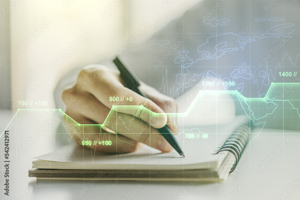 Poster multi exposure of stats data illustration with man hand writing in notebook on background, computing