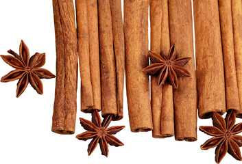 Cinnamon sticks with anis isolated on white background