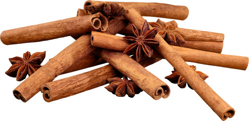 Cinnamon sticks and stars anise isolated on white