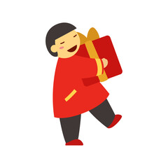 China man boy holding big gift box New Year celebration festive icon vector flat illustration