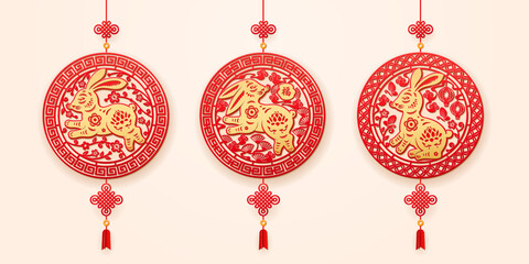 Rabbit zodiac sign, isolated Chinese New Year hanging decoration with tassels set in red and gold colors. Paper cut with flowers and lotus blossom, Chinese ornament. Vector in flat style illustration