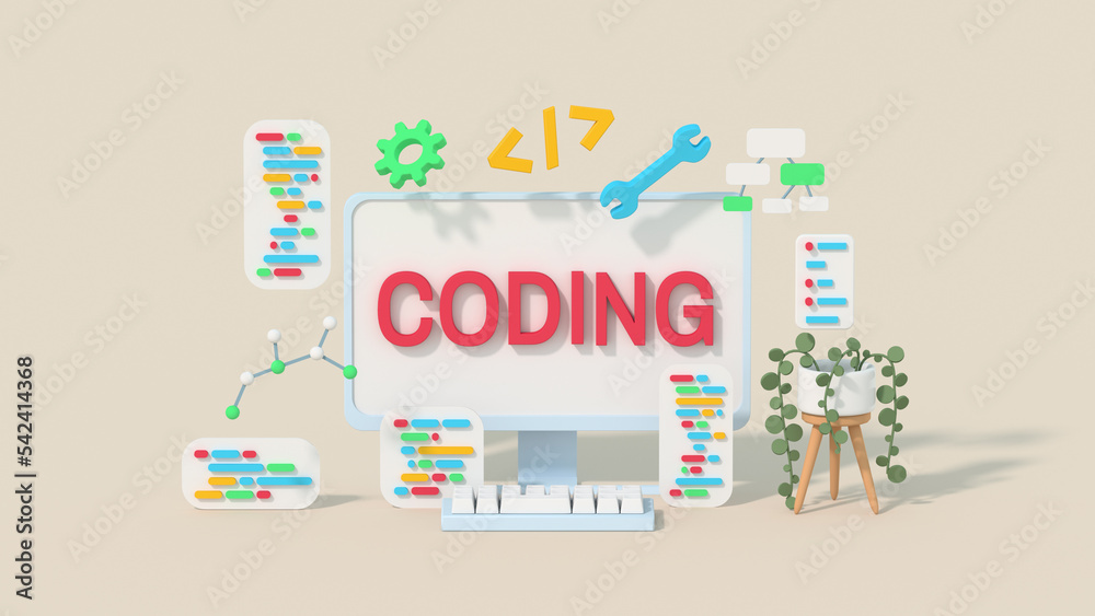 Wall mural minimal cartoon style desktop coding concept 3d render illustration