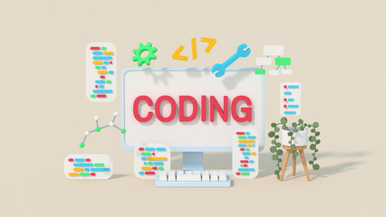 Minimal cartoon style desktop coding concept 3D render illustration
