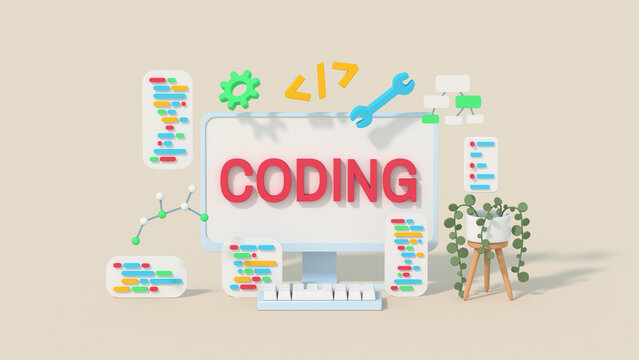 Minimal cartoon style desktop coding concept 3D render illustration