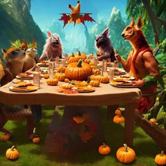 Fantasy Animals Celebrating Thanksgiving Together, Made by AI