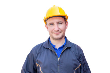 Cheerful factory worker man in hard hat smiling and looking at camera with joy, Happiness concept