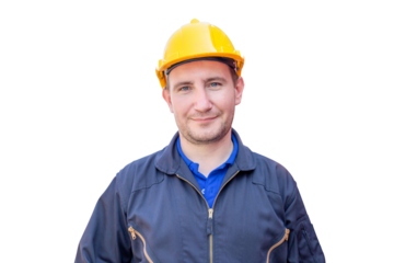 Cheerful factory worker man in hard hat smiling and looking at camera with joy, Happiness concept