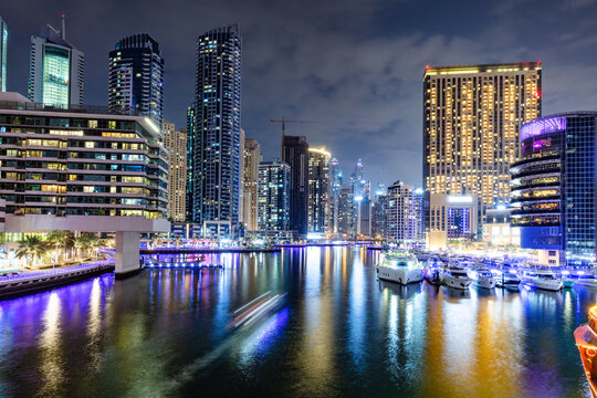 Dubai marina skyline in UAE at night
