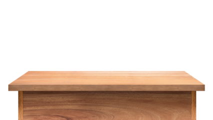 Empty wooden table mockup isolated on transparent background for product presentation, e-commerce, advertising, branding, website headers, banners, and social media promotion. Realistic tabletop