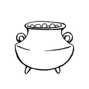 Boiling witch cauldron. Hand drawn vector illustration isolated on white background.