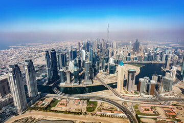 Dubai aerial view of downtown skyscrapers with Burj Khalifa.