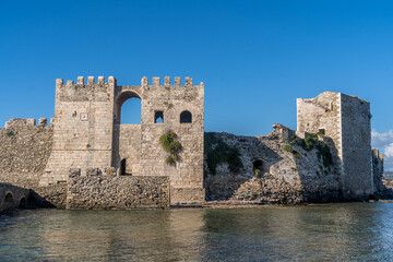 Medieval byzantine water gate protected by two square towers at the castle of Methoni in Southern Greece 