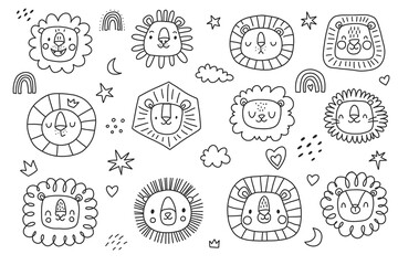 Cute doodle lions set. Childish illustration. Jungle heads clipart. Funny animals. 