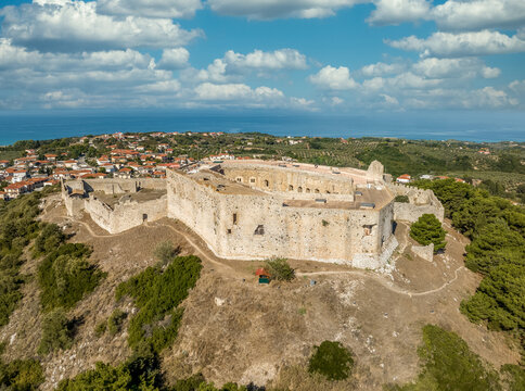 Aerial view of medieval hillitop Chlemoutsi castle in the Peloponnese in Greece built by French crusader knights