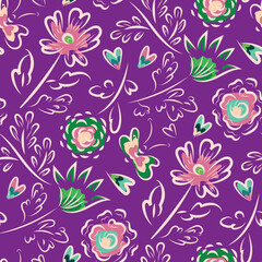 Surreal wild meadow flower. butterfly, heart seamless vector pattern background. Scattered flowers,butterflies,hearts tropical color backdrop.Bright painterly outline botanical floral design.