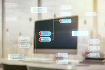 Multi exposure of abstract software development hologram on laptop background, research and analytics concept