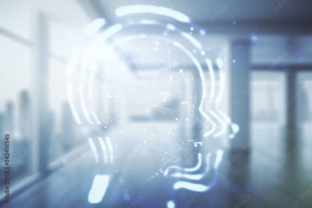 Poster abstract virtual artificial intelligence interface with human head hologram on empty corporate offic