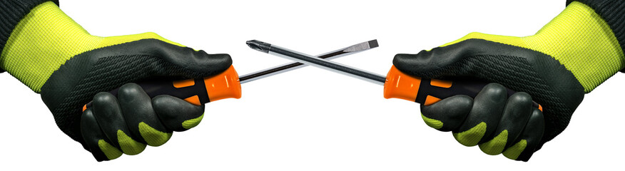Manual workers with protective work gloves holding a flat head screwdriver and a phillips head screwdriver with black and orange plastic handle. Isolated on white or transparent background, png. - obrazy, fototapety, plakaty
