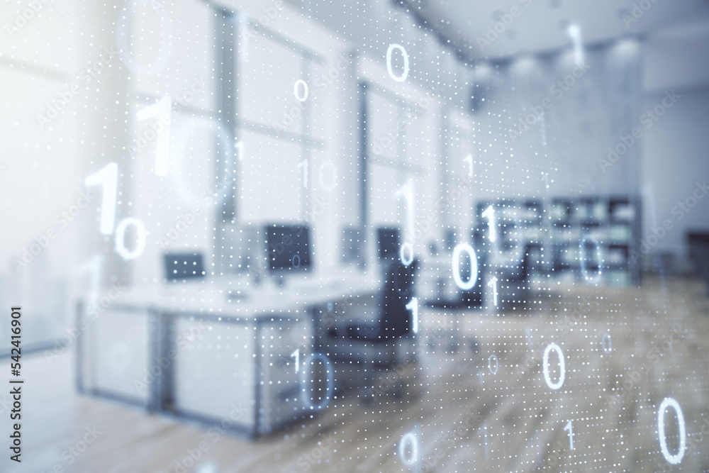 Leinwandbilder double exposure of abstract virtual binary code hologram on modern corporate office background. data